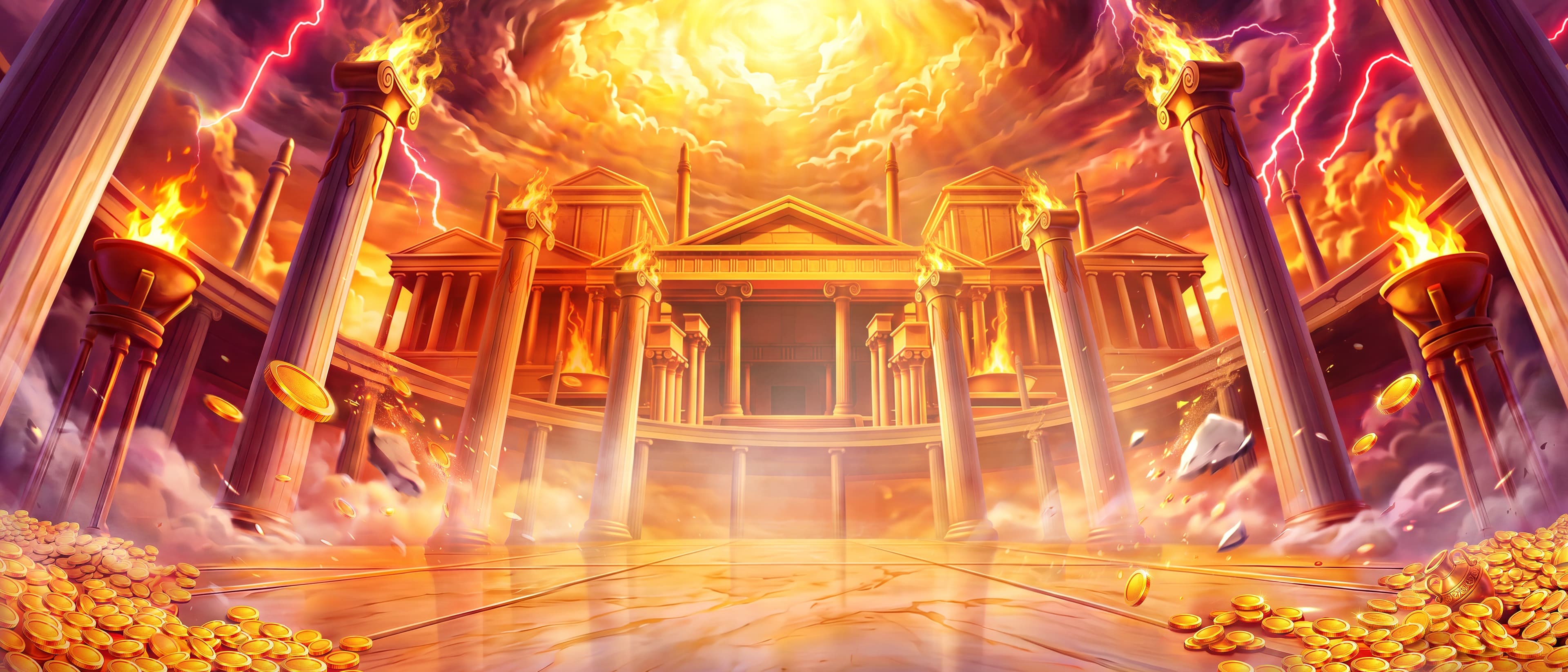 Gates of Olympus 2500 temple courtyard: burning columns, lightning, and gold beneath a divine sunburst