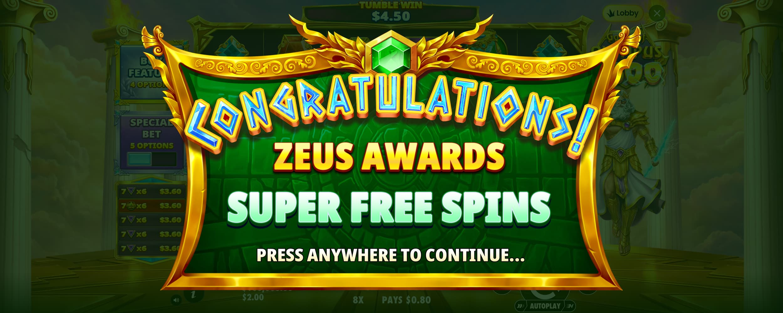 Gates of Olympus 2500 Super Free Spins win celebration screen